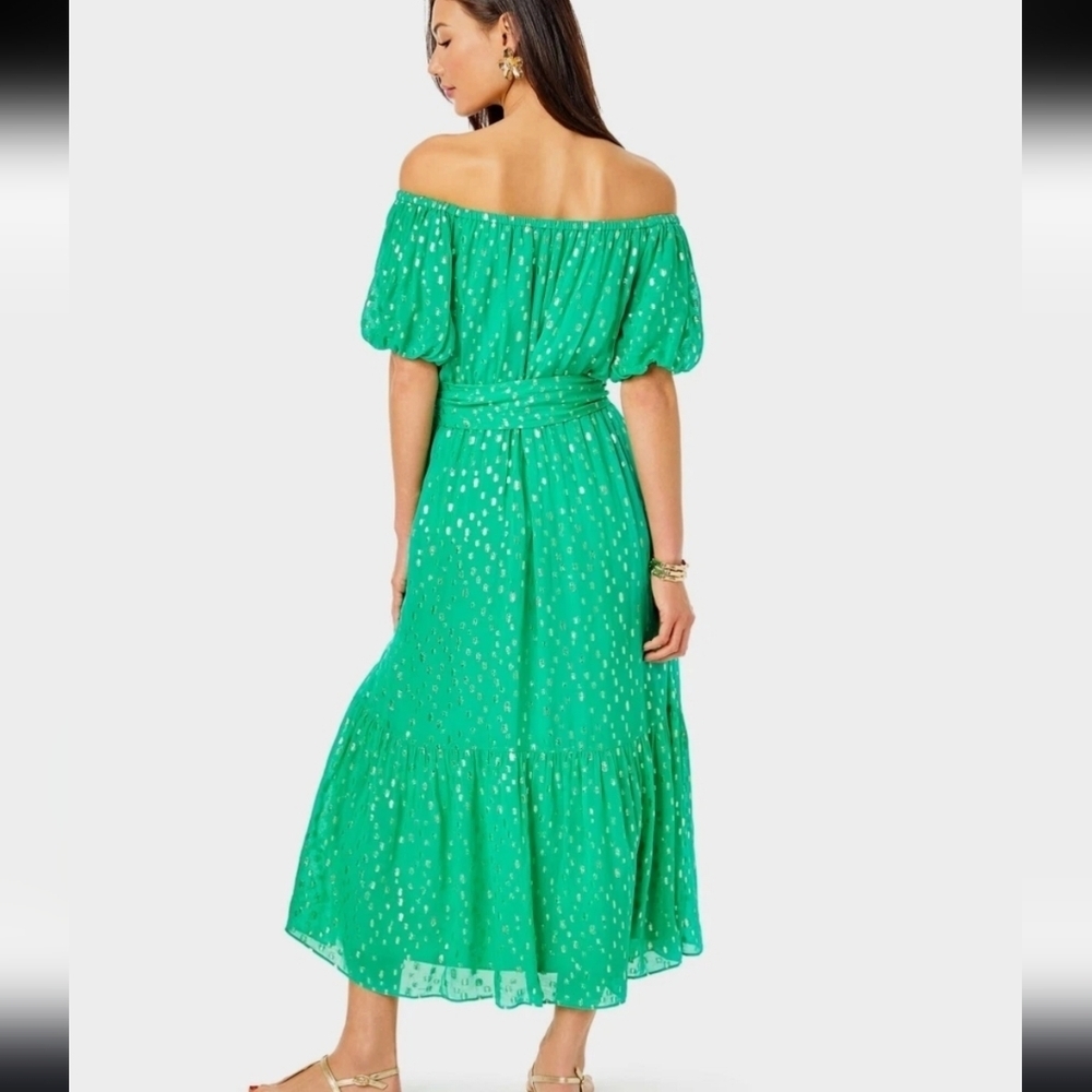 Lilly Pulitzer Tamie Off The Shoulder Midi Dress Botanical Green NWT Size Large - Picture 3 of 16
